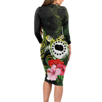Kia Orana Cook Islands Long Sleeve Bodycon Dress Turtle and Hibiscus Polynesian Pattern LT03 - Polynesian Pride