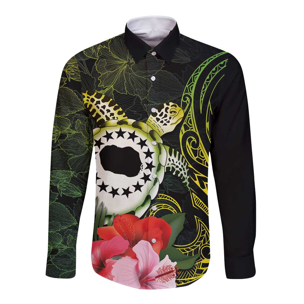 Kia Orana Cook Islands Long Sleeve Button Shirt Turtle and Hibiscus Polynesian Pattern LT03 Unisex Yellow - Polynesian Pride