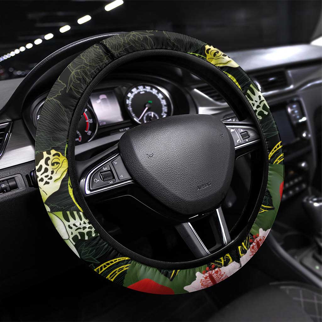 Kia Orana Cook Islands Steering Wheel Cover Turtle and Hibiscus Polynesian Pattern