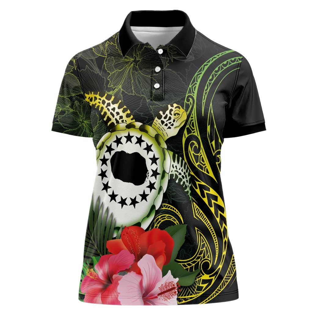 Kia Orana Cook Islands Women Polo Shirt Turtle and Hibiscus Polynesian Pattern LT03 Female Yellow - Polynesian Pride