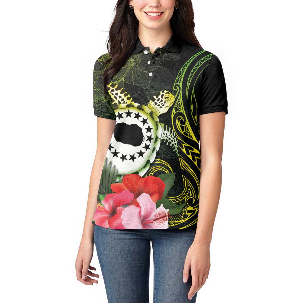 Kia Orana Cook Islands Women Polo Shirt Turtle and Hibiscus Polynesian Pattern LT03 - Polynesian Pride