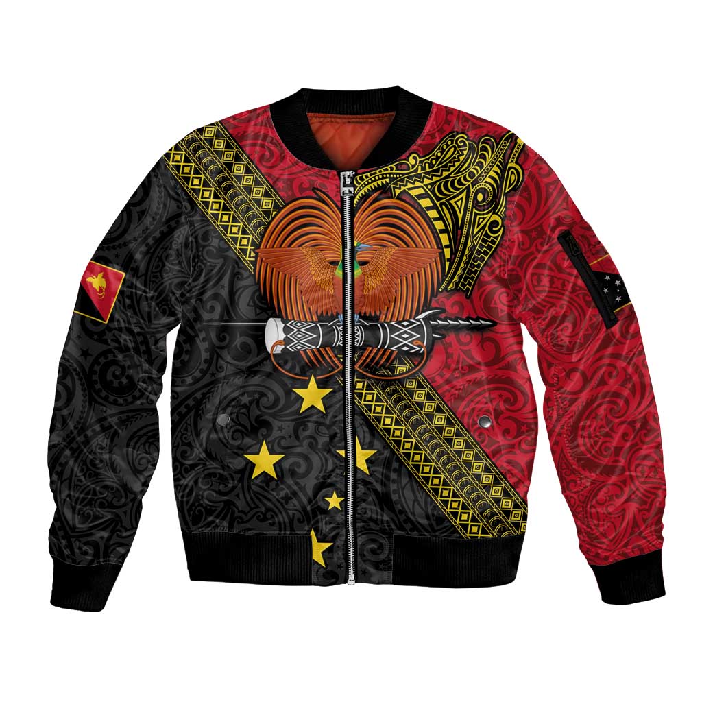 Papua New Guinea Goroka Show Sleeve Zip Bomber Jacket Bird-of-paradise and Melanesian Tattoo Pattern LT03 Unisex Red - Polynesian Pride