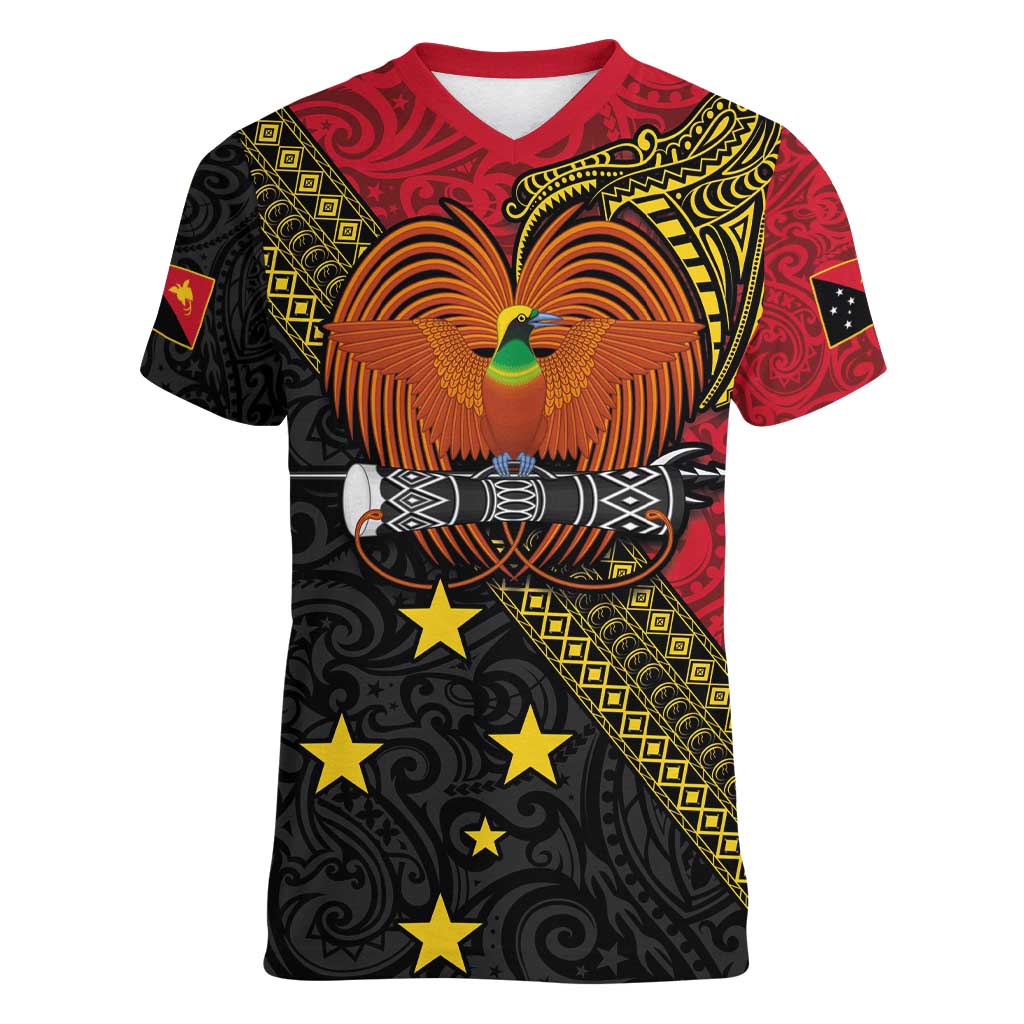 Papua new Guinea Goroka Show Women V-Neck T-Shirt Bird-of-paradise and Melanesian Tattoo Pattern