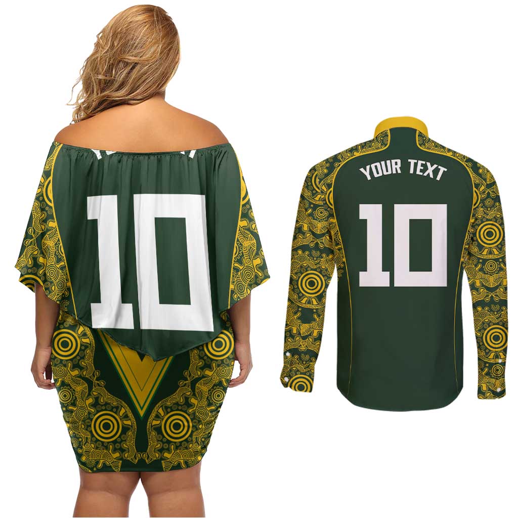Australia Rugby Custom Couples Matching Off Shoulder Short Dress and Long Sleeve Button Shirt Aboriginal Art Sporty Style LT03 - Polynesian Pride