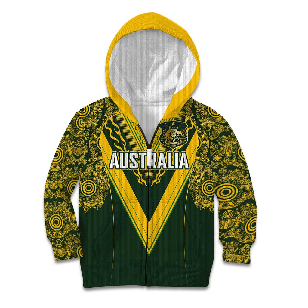 Australia Rugby Custom Kid Hoodie Aboriginal Art Sporty Style LT03 Zip Hoodie Green - Polynesian Pride