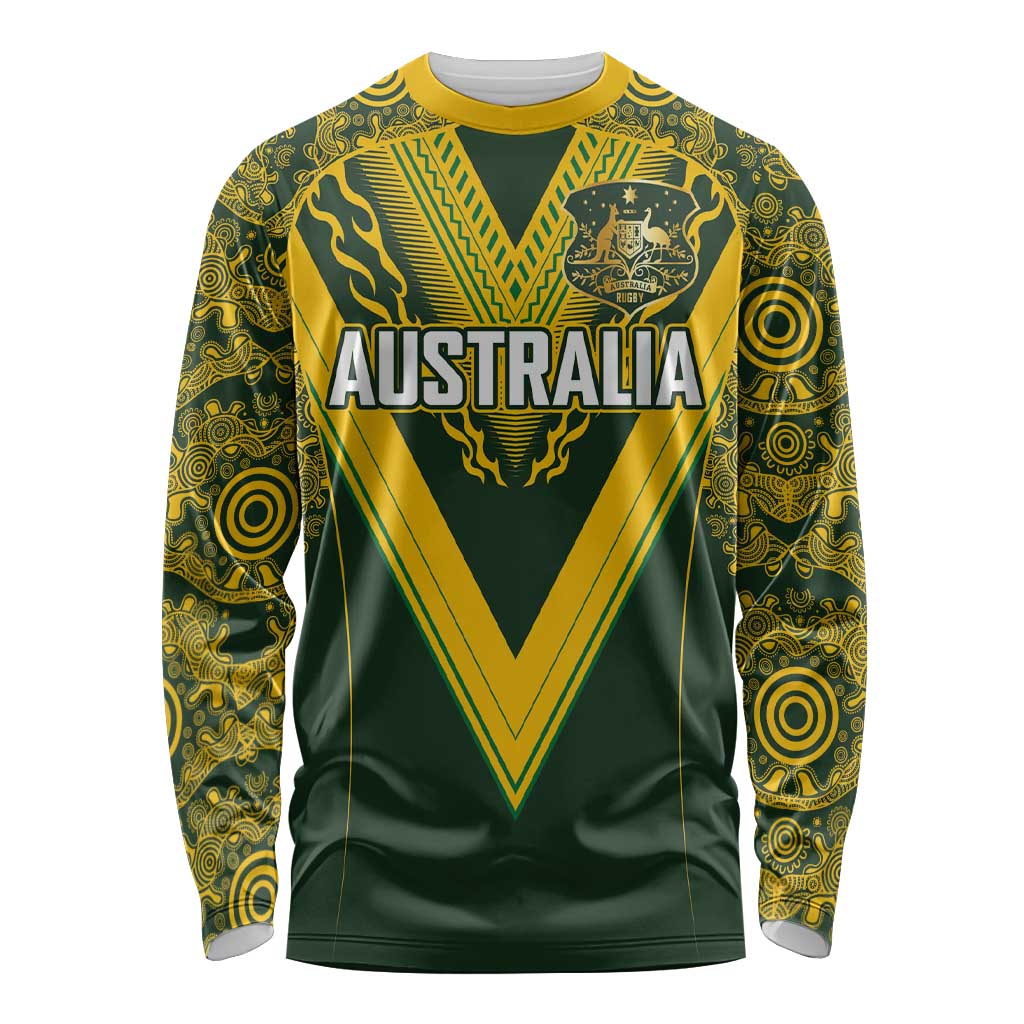 Australia Rugby Custom Long Sleeve Shirt Aboriginal Art Sporty Style LT03 Unisex Green - Polynesian Pride