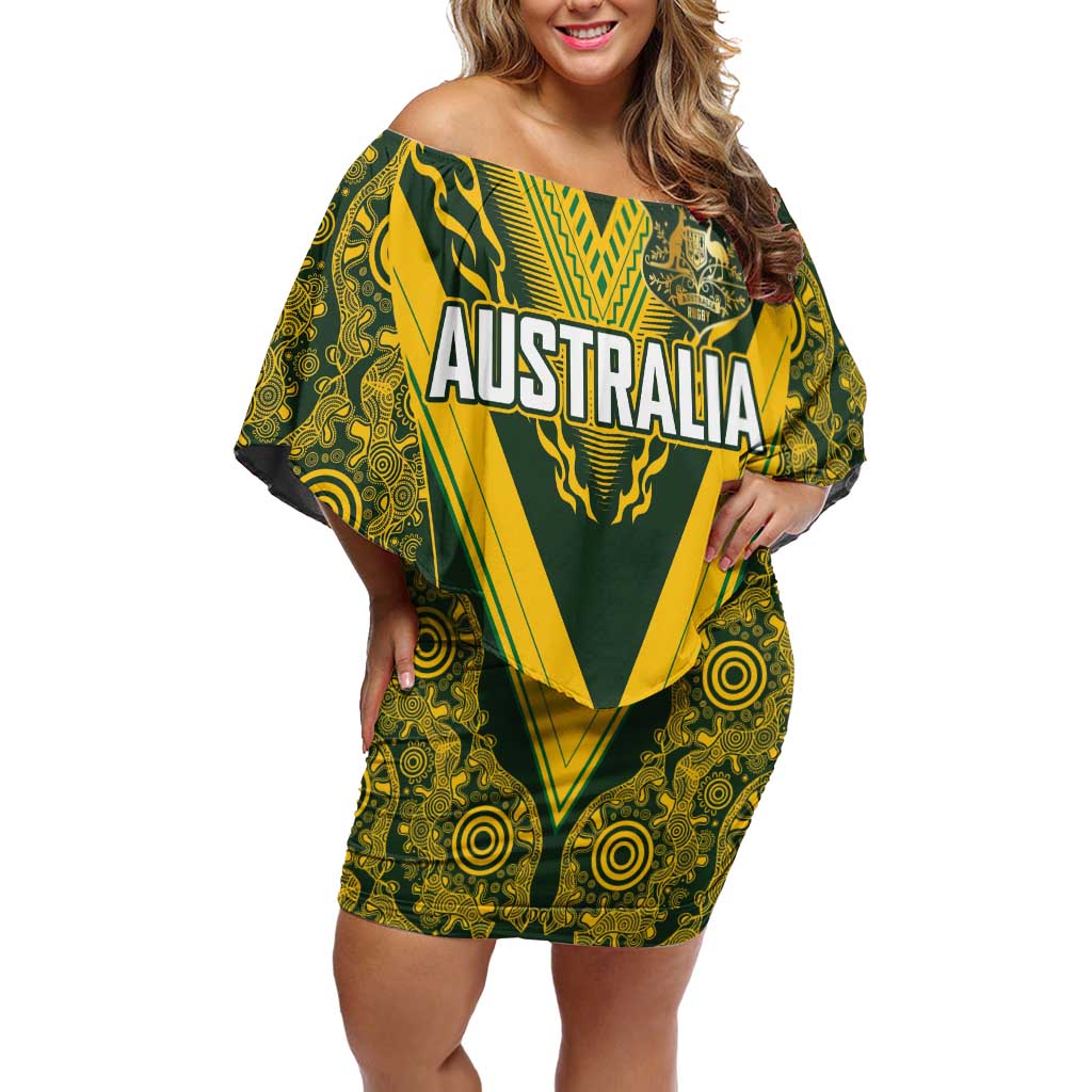 Australia Rugby Custom Off Shoulder Short Dress Aboriginal Art Sporty Style LT03 Women Green - Polynesian Pride