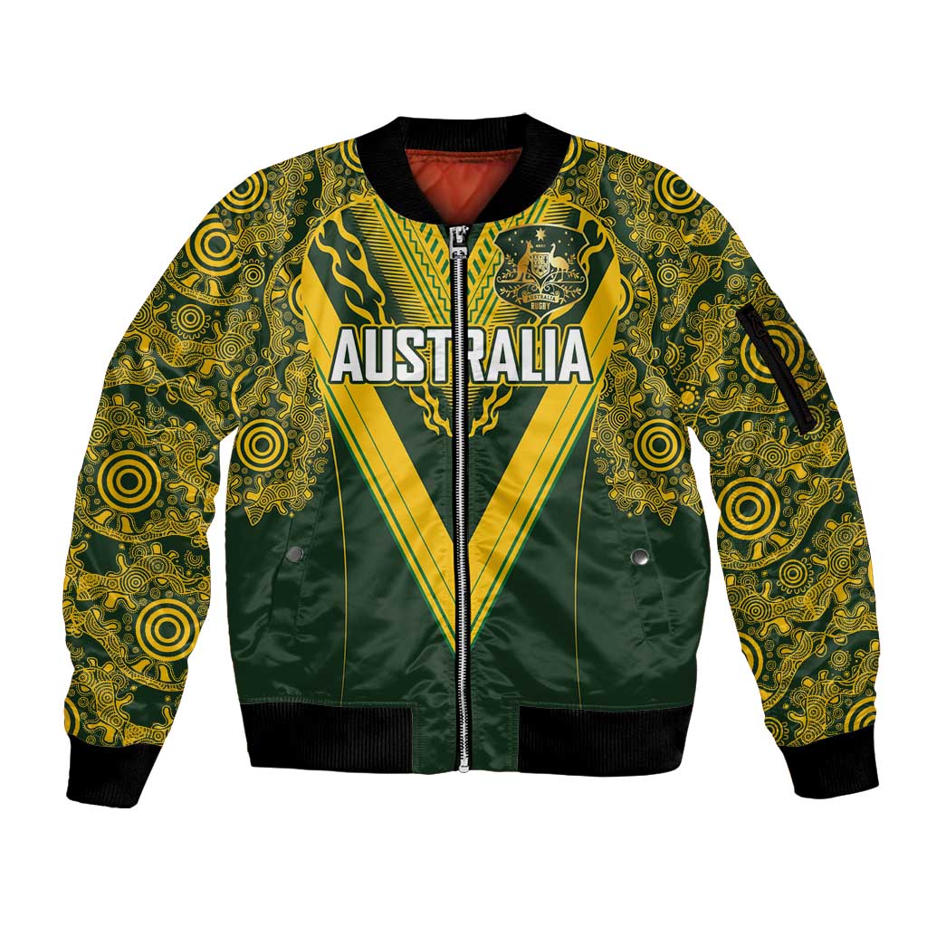 Australia Rugby Custom Sleeve Zip Bomber Jacket Aboriginal Art Sporty Style LT03 Unisex Green - Polynesian Pride