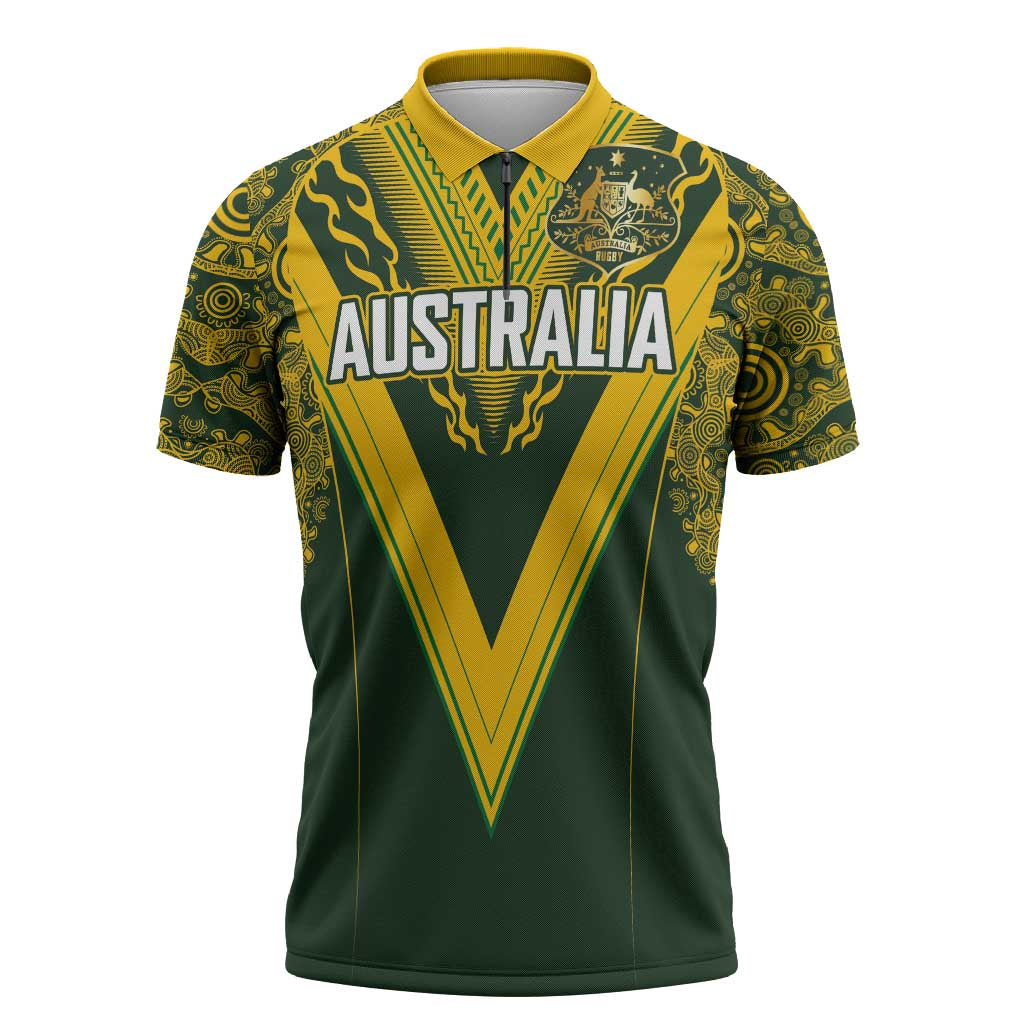 Australia Rugby Custom Zipper Polo Shirt Aboriginal Art Sporty Style LT03 Green - Polynesian Pride
