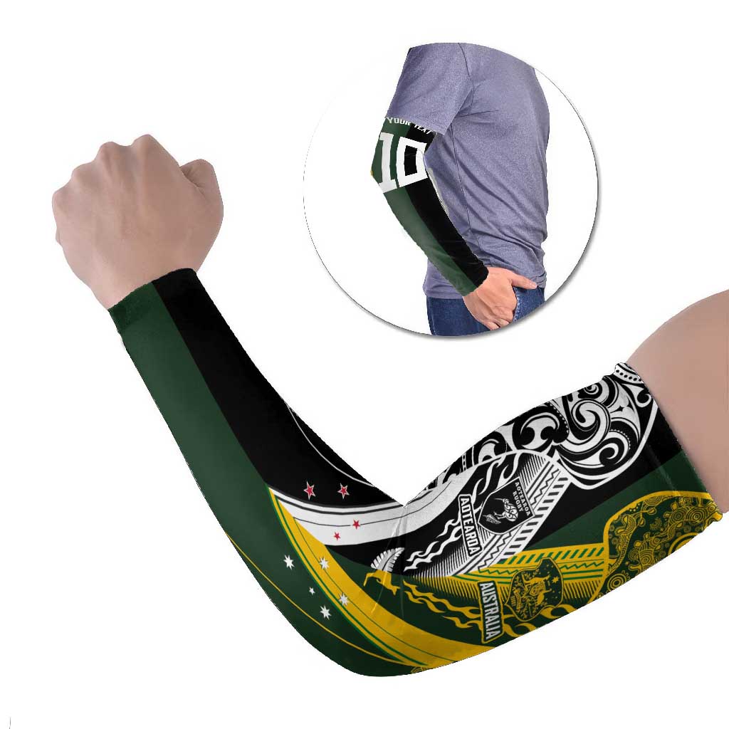 Aotearoa Australia Rugby Custom Arm Sleeves Maori and Aboriginal Art Sporty Style LT03 Set of 2 Green - Polynesian Pride