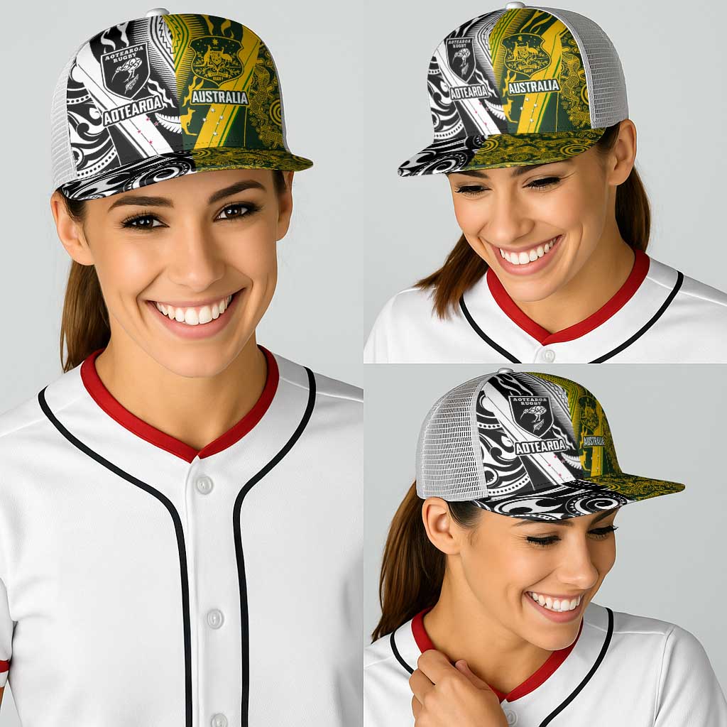 Aotearoa Australia Rugby Baseball Net Cap Maori and Aboriginal Art Sporty Style LT03 - Polynesian Pride