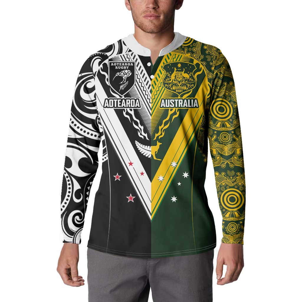 Aotearoa Australia Rugby Custom Button Sweatshirt Maori and Aboriginal Art Sporty Style LT03 - Polynesian Pride