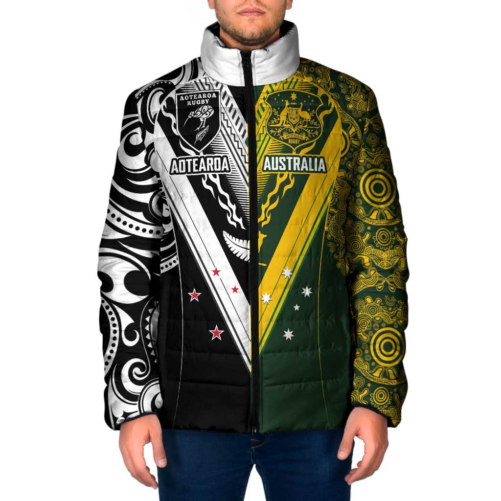 Aotearoa Australia Rugby Custom Padded Jacket Maori and Aboriginal Art Sporty Style LT03 Men Green - Polynesian Pride