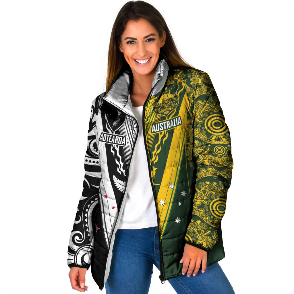Aotearoa Australia Rugby Custom Padded Jacket Maori and Aboriginal Art Sporty Style LT03 Women Green - Polynesian Pride
