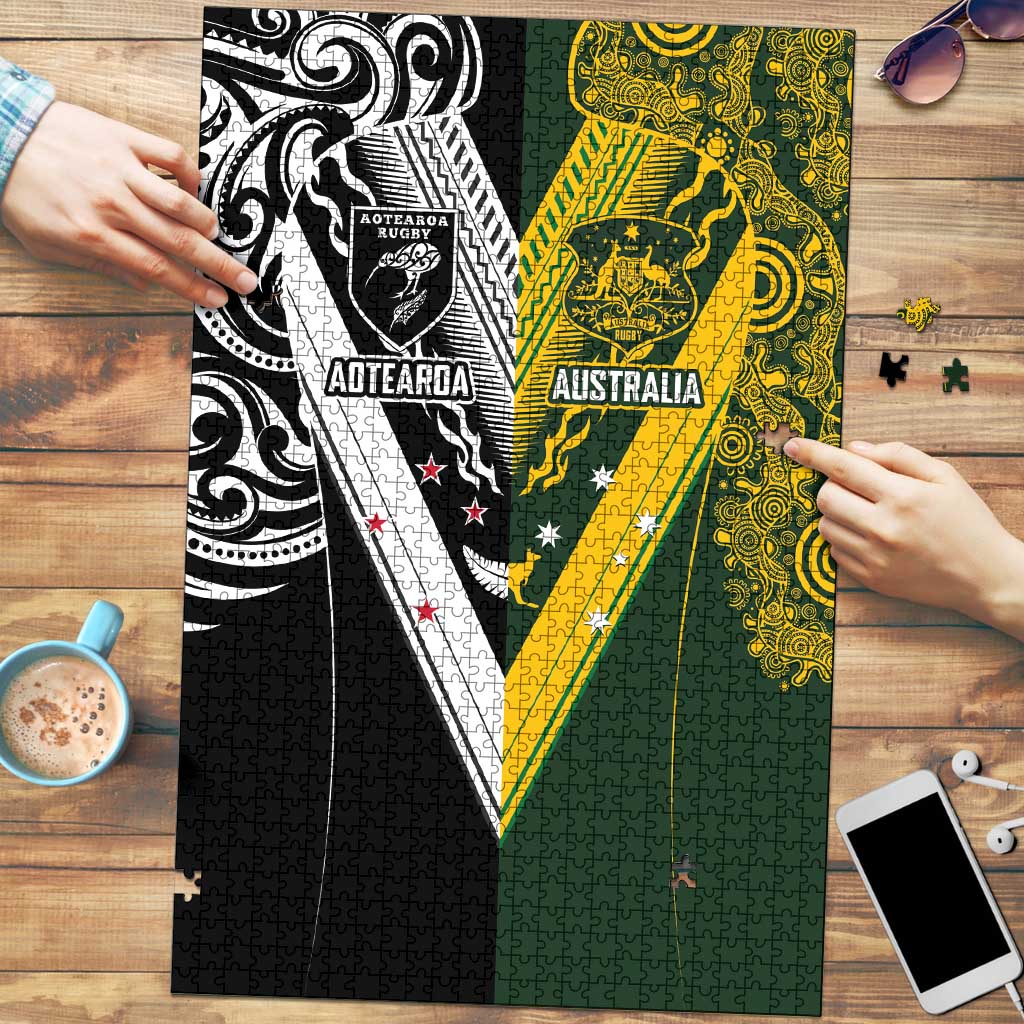 Aotearoa Australia Rugby Puzzle Maori and Aboriginal Art Sporty Style LT03 Green - Polynesian Pride