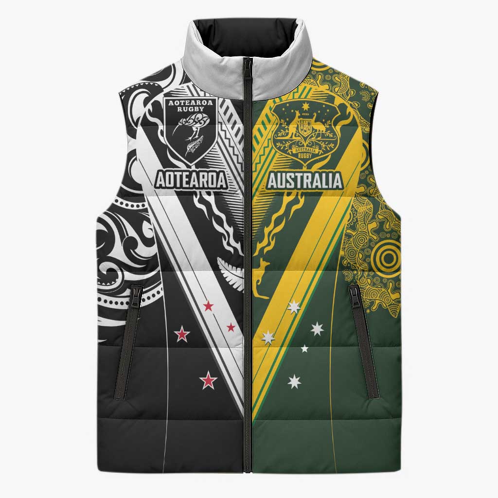 Aotearoa Australia Rugby Custom Sleeveless Puffer Jacket Maori and Aboriginal Art Sporty Style LT03 Unisex Green - Polynesian Pride