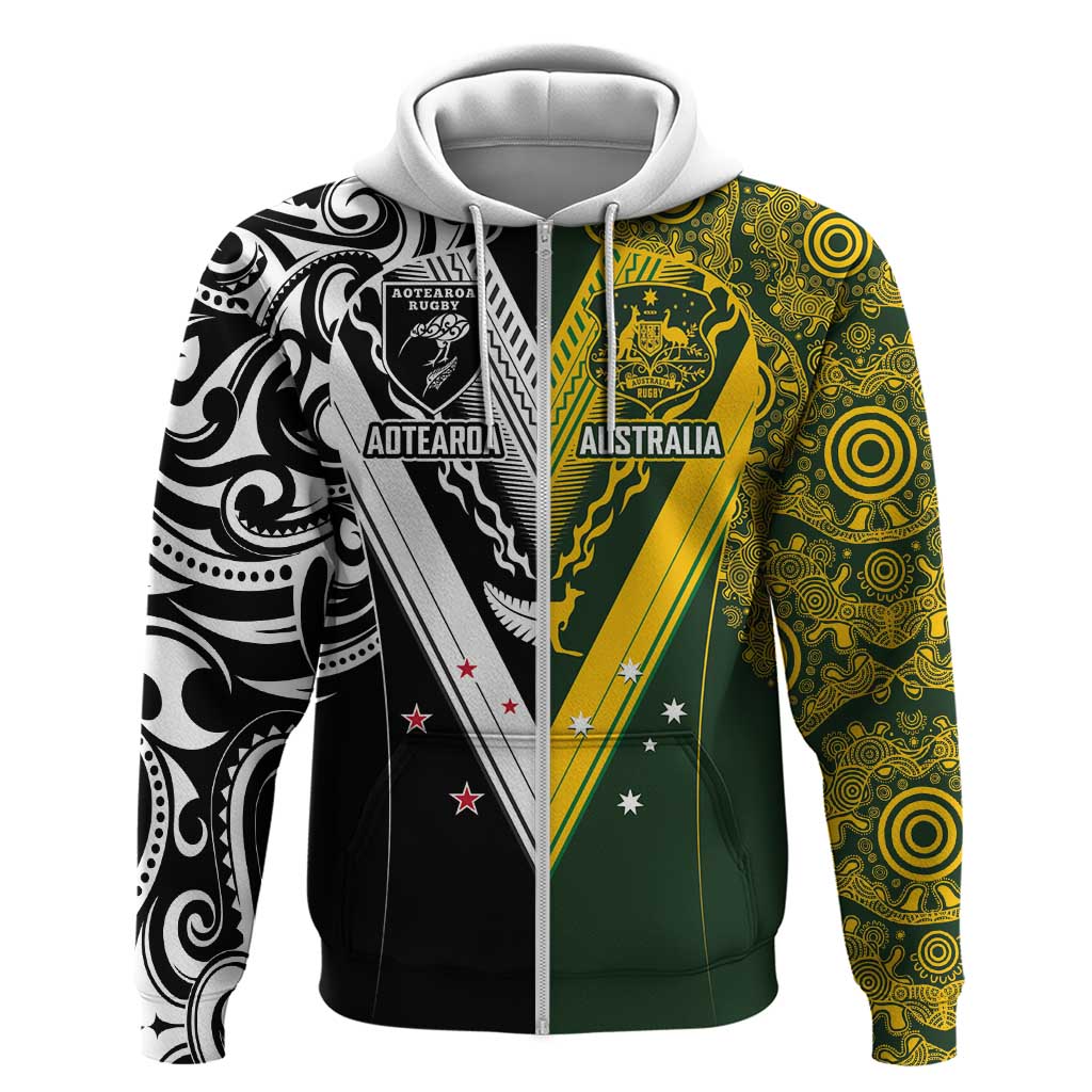 Aotearoa Australia Rugby Custom Zip Hoodie Maori and Aboriginal Art Sporty Style LT03 Zip Hoodie Green - Polynesian Pride