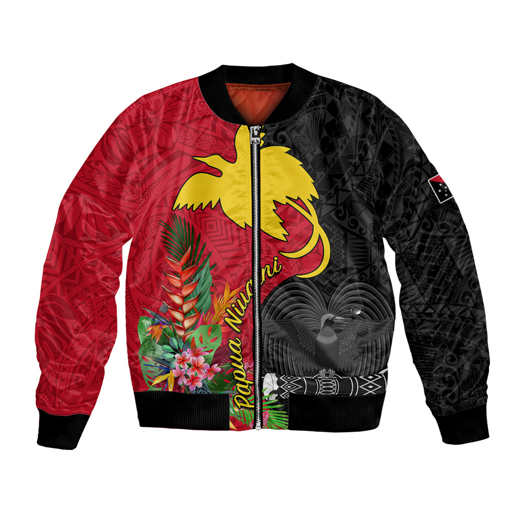 Custom Papua New Guinea Bomber Jacket Birds Of Paradise Mix Tropical Flower Polynesian Pattern LT03 Unisex Red - Polynesian Pride