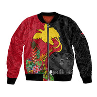 Custom Papua New Guinea Bomber Jacket Birds Of Paradise Mix Tropical Flower Polynesian Pattern LT03 Unisex Red - Polynesian Pride
