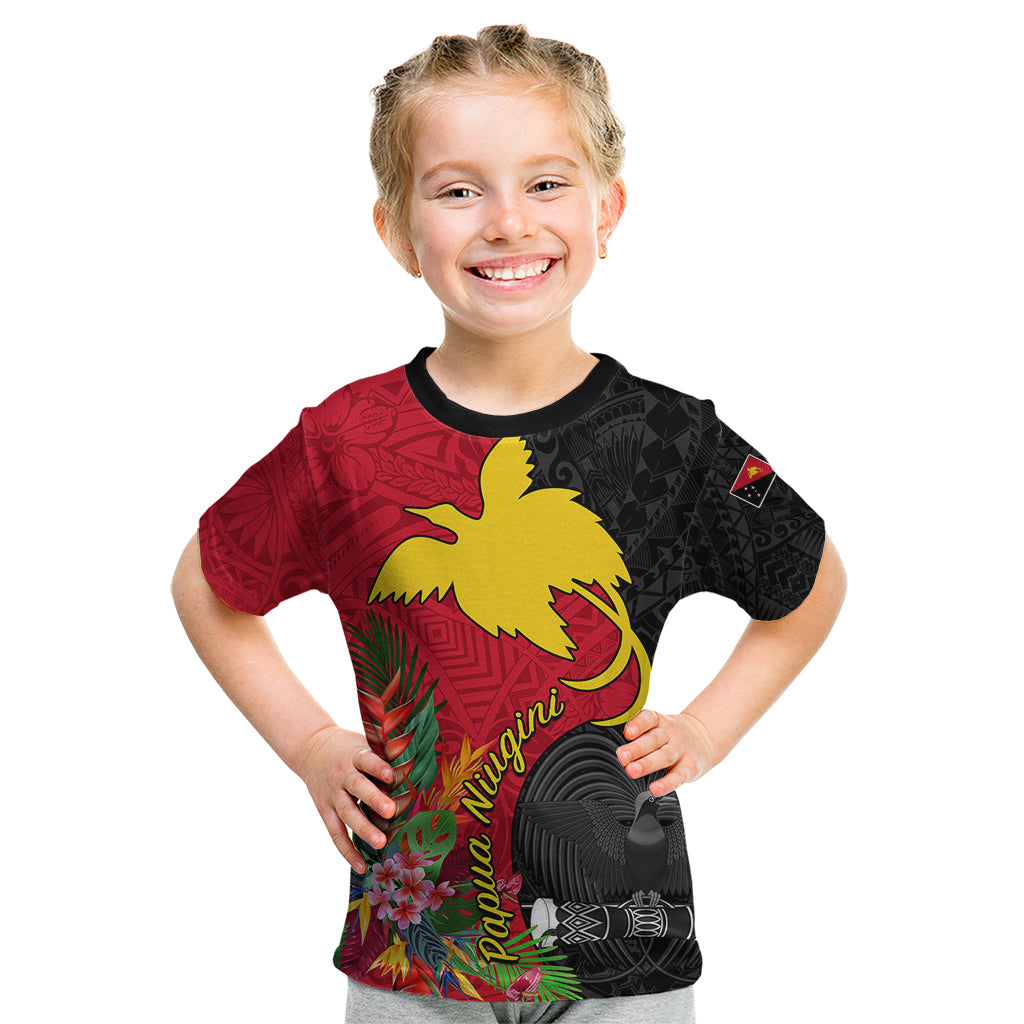 Custom Papua New Guinea Kid T Shirt Birds Of Paradise Mix Tropical Flower Polynesian Pattern LT03 Red - Polynesian Pride