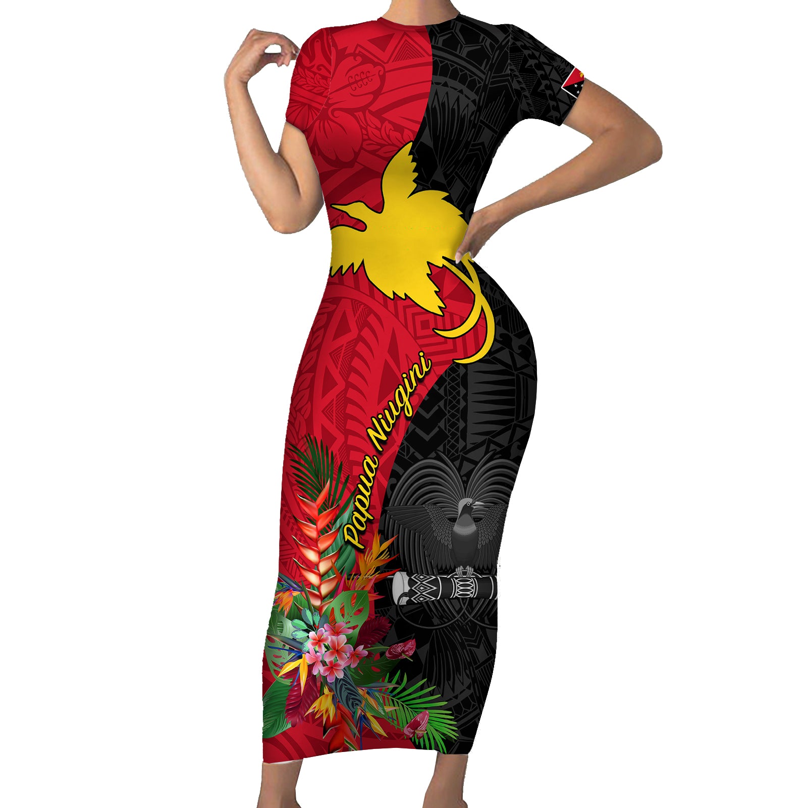 Custom Papua New Guinea Short Sleeve Bodycon Dress Birds Of Paradise Mix Tropical Flower Polynesian Pattern LT03 Long Dress Red - Polynesian Pride