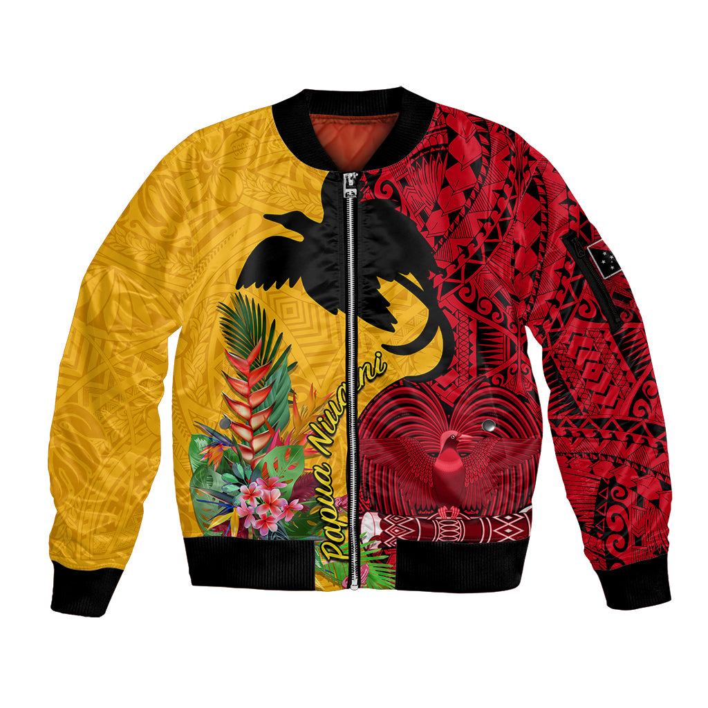 Papua New Guinea Sleeve Zip Bomber Jacket Birds Of Paradise Mix Tropical Flower Polynesian Pattern LT03 Unisex Yellow - Polynesian Pride