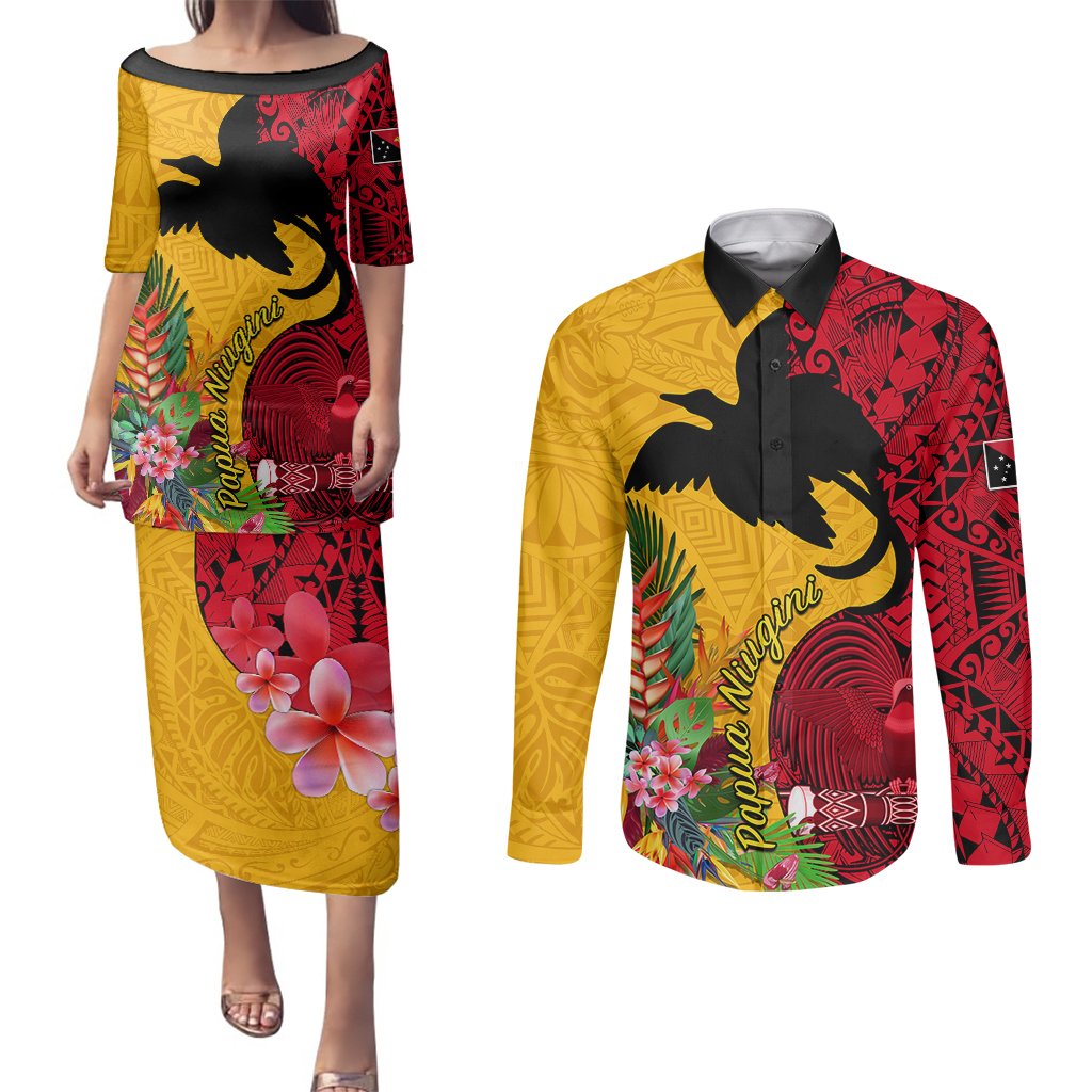 Custom Papua New Guinea Couples Matching Puletasi Dress and Long Sleeve Button Shirts Birds Of Paradise Mix Tropical Flower Polynesian Pattern LT03 Yellow - Polynesian Pride