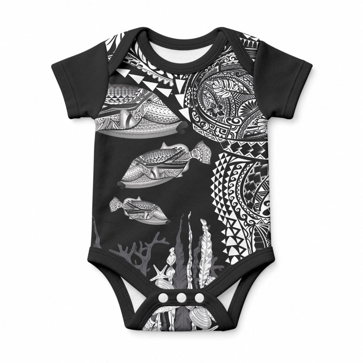 Hawaiian Reef Triggerfish Baby Onesie Polynesian Art with Tribal Humuhumunukunukuapua'a LT03 Black - Polynesian Pride