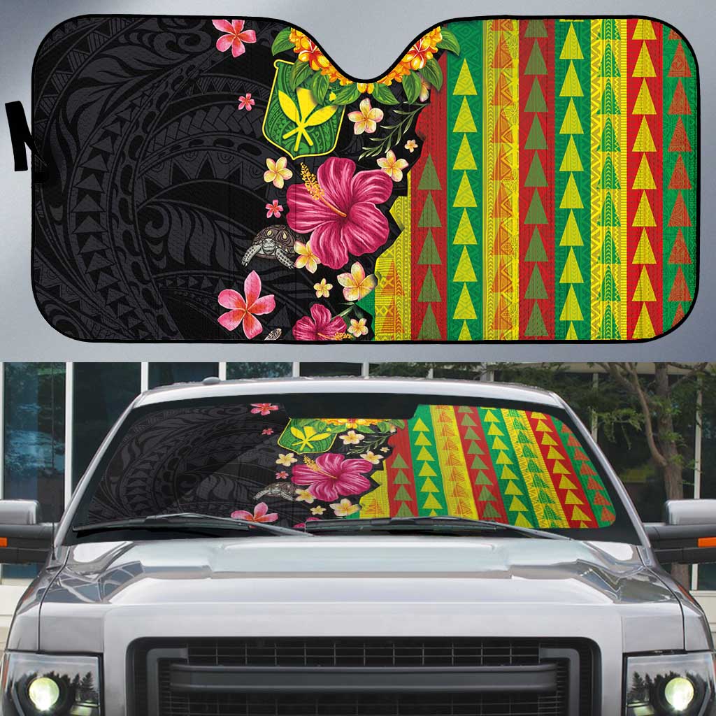 Hawaiian Independence Day Auto Sun Shade Kanaka Maoli Symbols With Tapa Motifs and Tropical Plants LT03 Black - Polynesian Pride