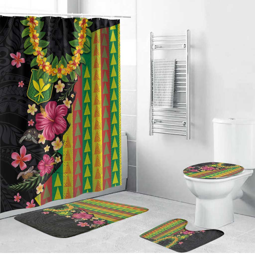 Hawaiian Independence Day Bathroom Set Kanaka Maoli Symbols With Tapa Motifs and Tropical Plants LT03 Bathroom Set (4 pcs) Black - Polynesian Pride