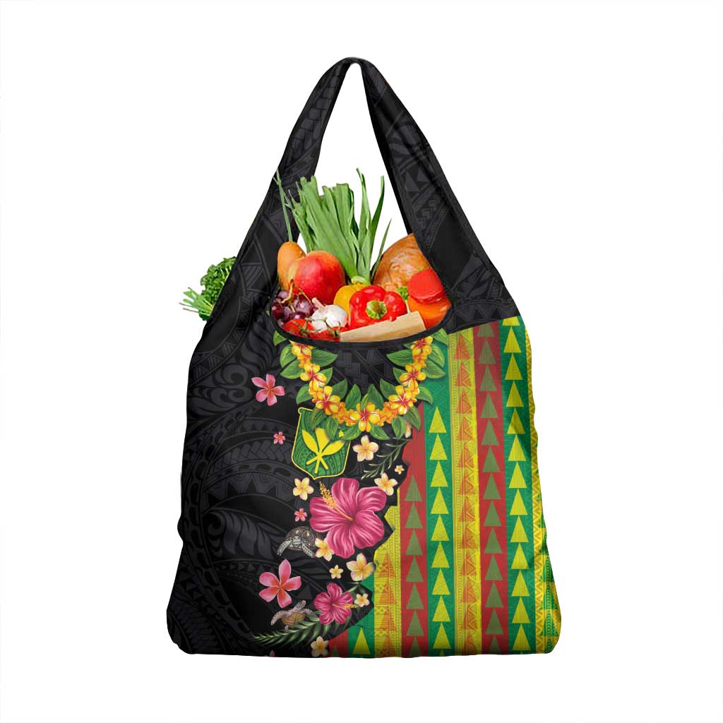 Hawaiian Independence Day Grocery Bag Kanaka Maoli Symbols With Tapa Motifs and Tropical Plants LT03 1-pack One Size Black - Polynesian Pride