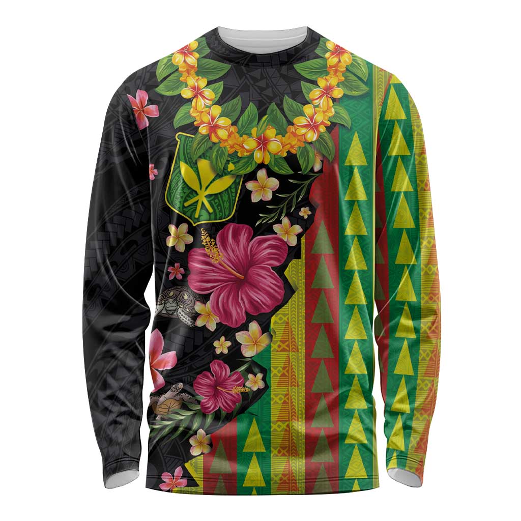Hawaiian Independence Day Long Sleeve Shirt Kanaka Maoli Symbols With Tapa Motifs and Tropical Plants LT03 Unisex Black - Polynesian Pride