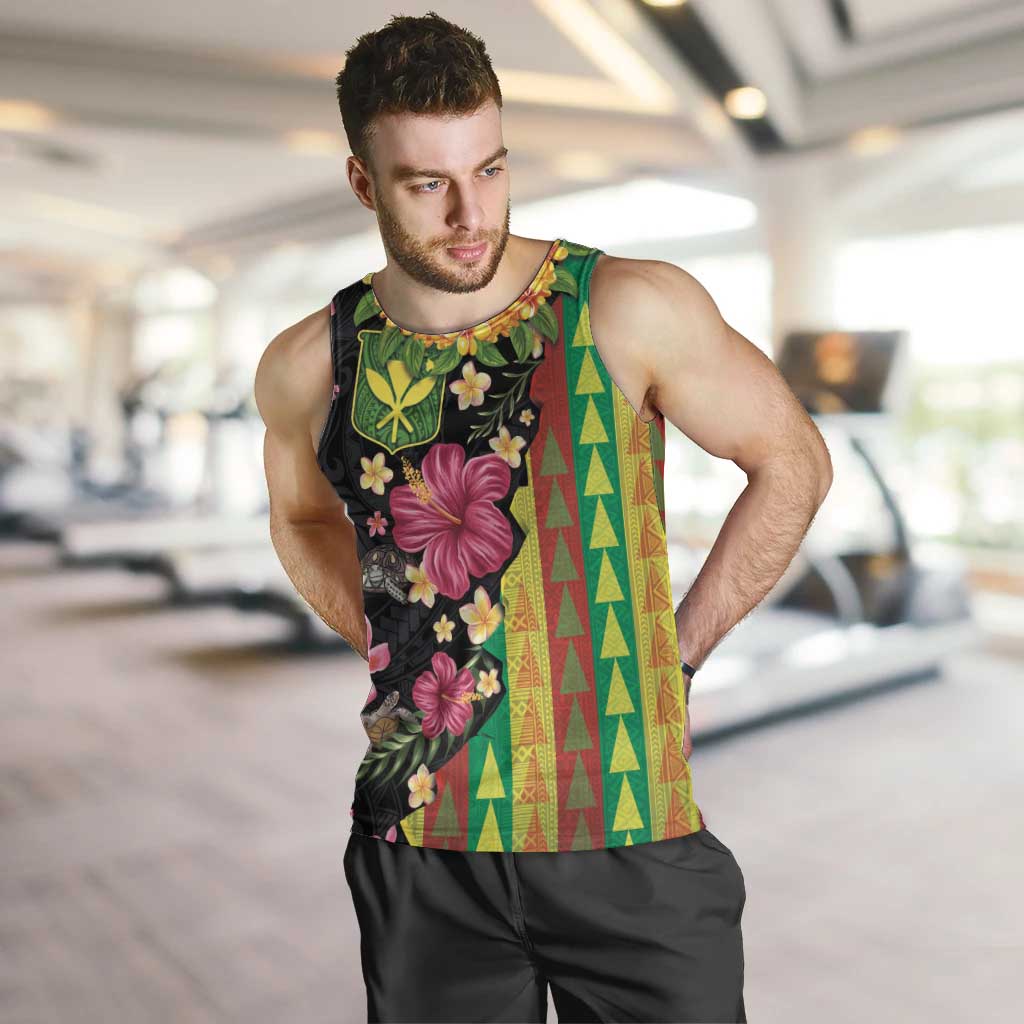 Hawaiian Independence Day Men Tank Top Kanaka Maoli Symbols With Tapa Motifs and Tropical Plants LT03 Black - Polynesian Pride