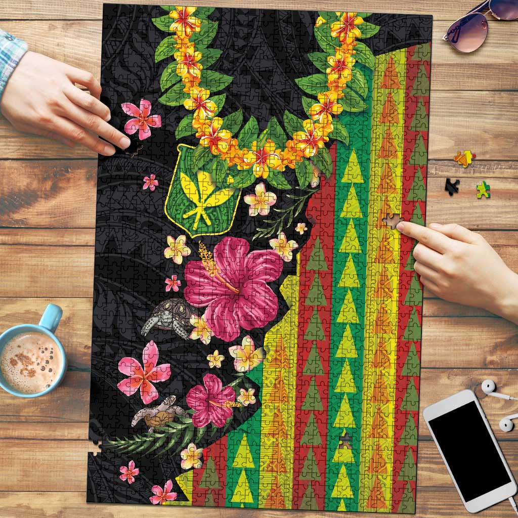 Hawaiian Independence Day Puzzle Kanaka Maoli Symbols With Tapa Motifs and Tropical Plants LT03 Black - Polynesian Pride