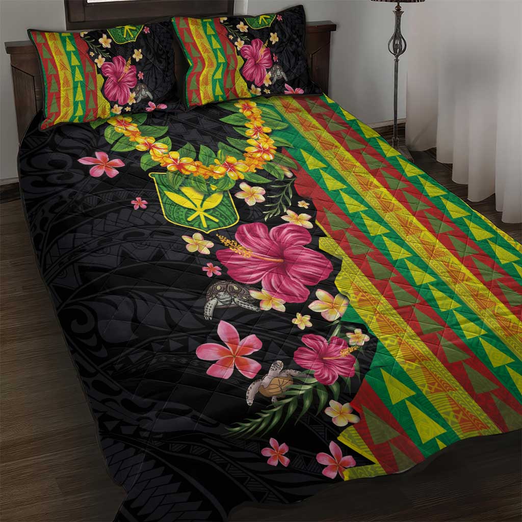Hawaiian Independence Day Quilt Bed Set Kanaka Maoli Symbols With Tapa Motifs and Tropical Plants LT03 Black - Polynesian Pride