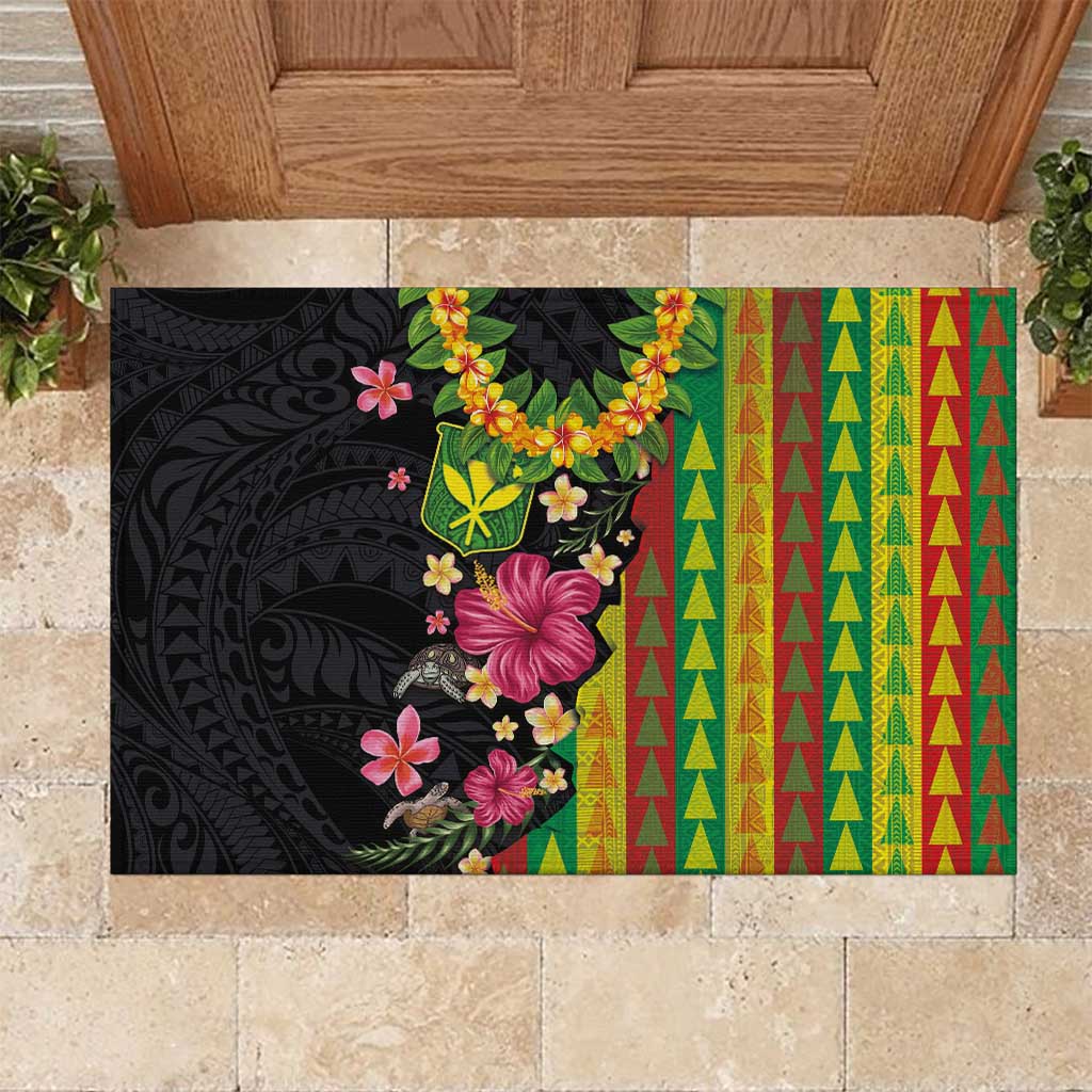Hawaiian Independence Day Rubber Doormat Kanaka Maoli Symbols With Tapa Motifs and Tropical Plants LT03 Black - Polynesian Pride