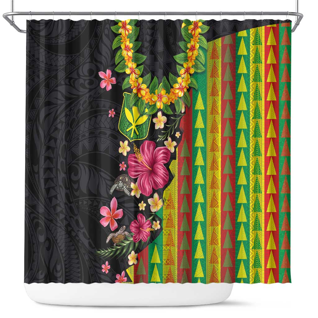 Hawaiian Independence Day Shower Curtain Kanaka Maoli Symbols With Tapa Motifs and Tropical Plants LT03 Black - Polynesian Pride