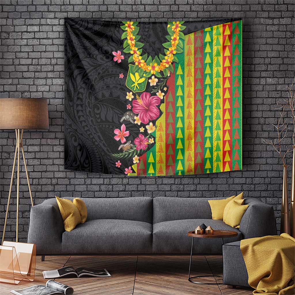 Hawaiian Independence Day Tapestry Kanaka Maoli Symbols With Tapa Motifs and Tropical Plants LT03 Black - Polynesian Pride