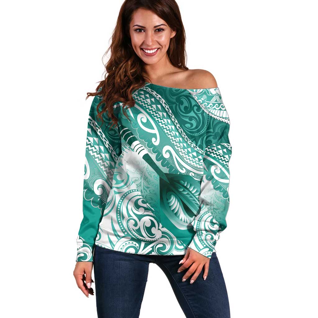 Personalised New Zealand Aotearoa Darts Masters Off Shoulder Sweater Maori Art Tattoo with Tribal Dart Symbol Teal Color LT03 Women Teal - Polynesian Pride