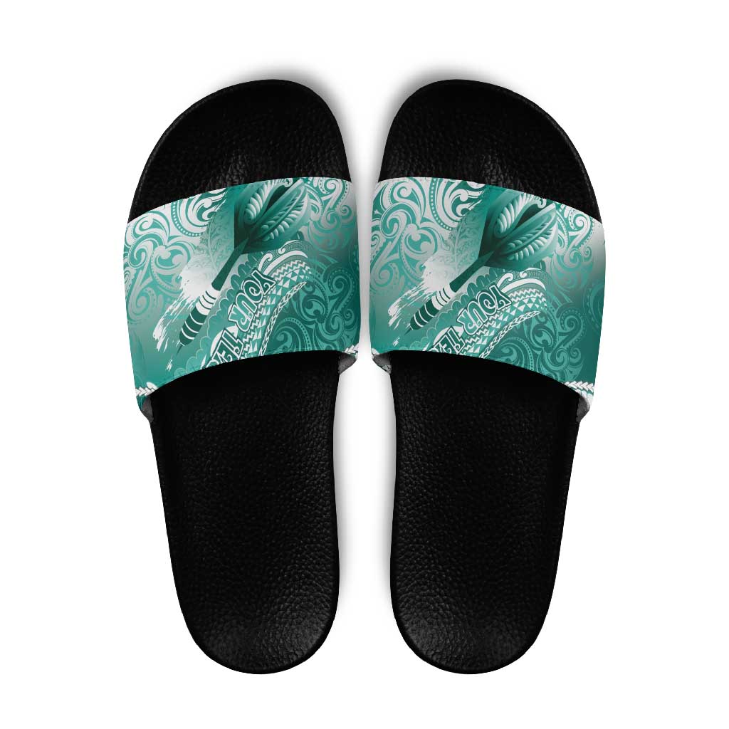 Personalised New Zealand Aotearoa Darts Masters Slide Sandals Maori Art Tattoo with Tribal Dart Symbol Teal Color LT03 Teal - Polynesian Pride