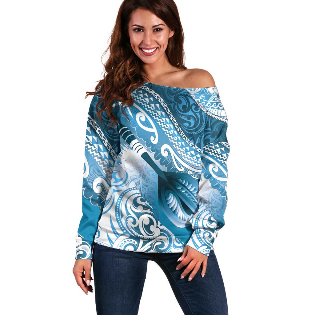 Personalised New Zealand Aotearoa Darts Masters Off Shoulder Sweater Maori Art Tattoo with Tribal Dart Symbol Blue LT03 Women Blue - Polynesian Pride