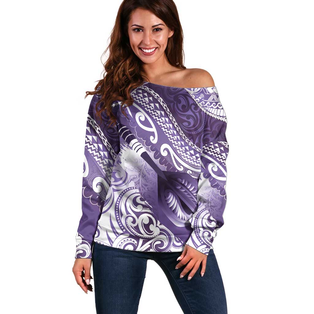 Personalised New Zealand Aotearoa Darts Masters Off Shoulder Sweater Maori Art Tattoo with Tribal Dart Symbol Purple LT03 Women Purple - Polynesian Pride