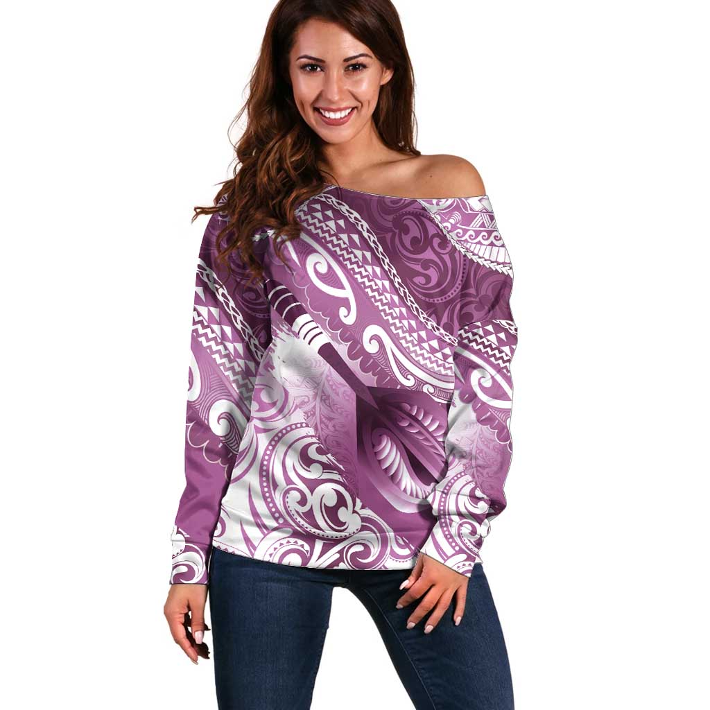 Personalised New Zealand Aotearoa Darts Masters Off Shoulder Sweater Maori Art Tattoo with Tribal Dart Symbol Pink LT03 Women Pink - Polynesian Pride