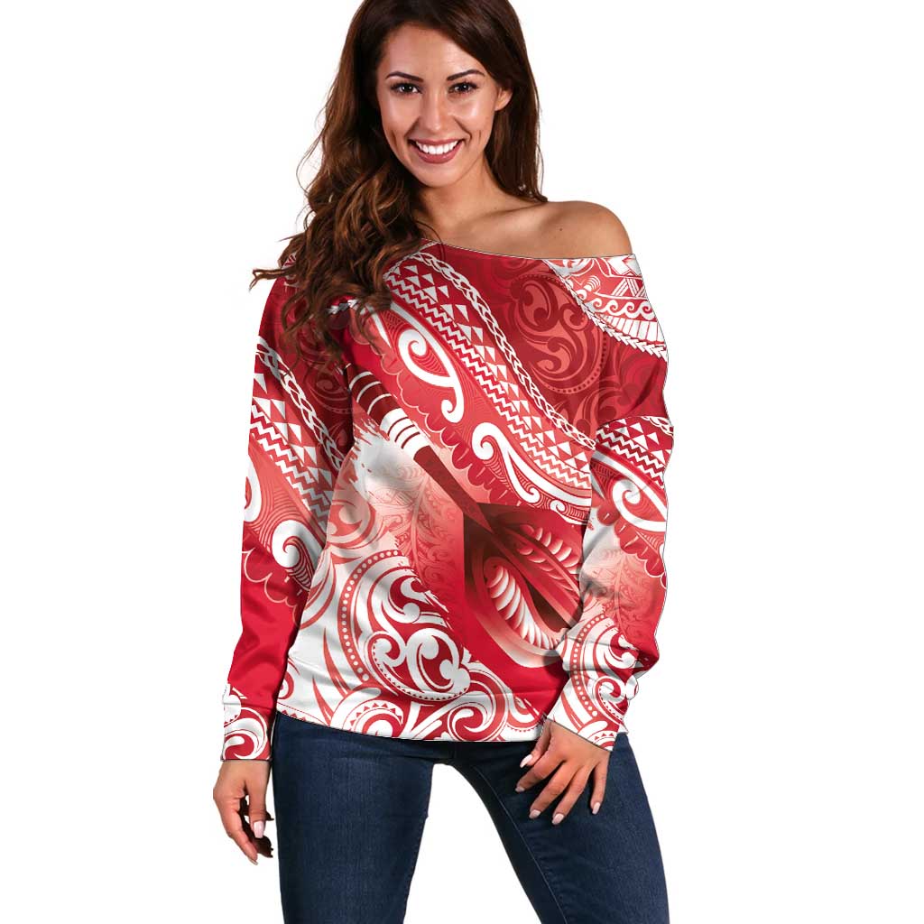 Personalised New Zealand Aotearoa Darts Masters Off Shoulder Sweater Maori Art Tattoo with Tribal Dart Symbol Red LT03 Women Red - Polynesian Pride