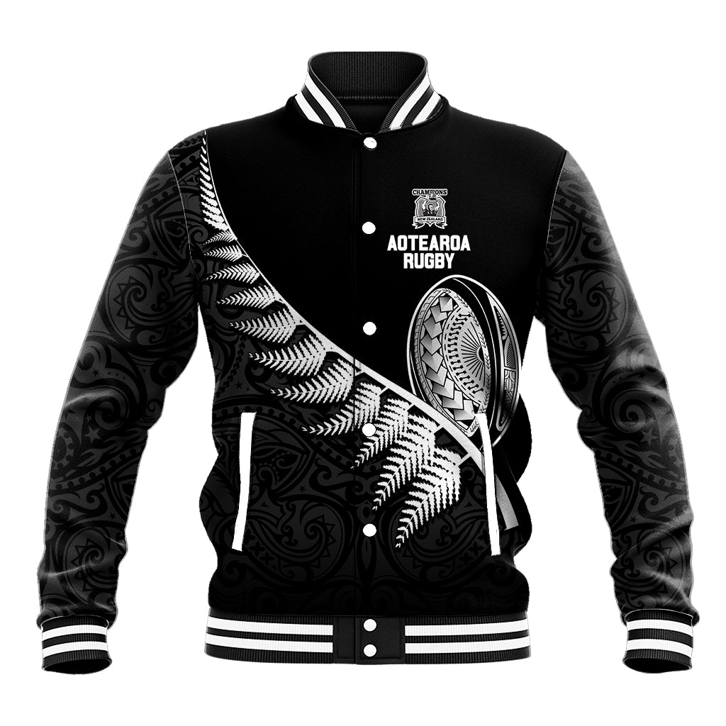 New Zealand World Cup 2023 Baseball Jacket Aotearoa Champion Rugby with Silver Fern Maori Ethnic Pattern LT03 Unisex Black - Polynesian Pride