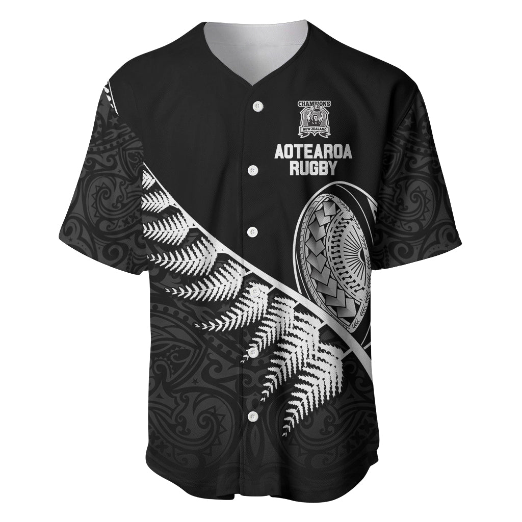 New Zealand World Cup 2023 Baseball Jersey Aotearoa Champion Rugby with Silver Fern Maori Ethnic Pattern LT03 Black - Polynesian Pride