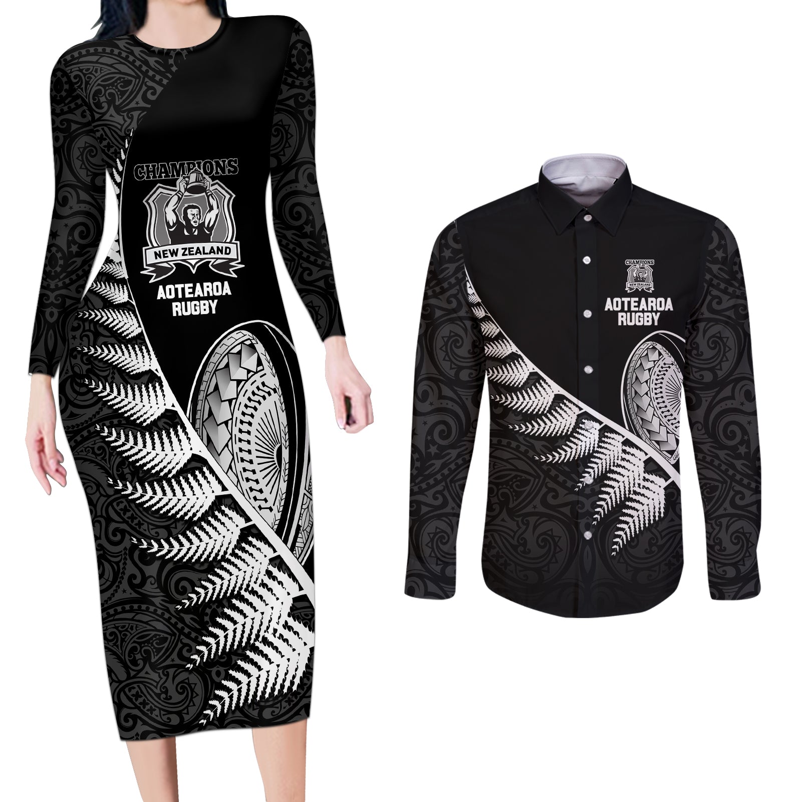 New Zealand World Cup 2023 Couples Matching Long Sleeve Bodycon Dress and Long Sleeve Button Shirt Aotearoa Champion Rugby with Silver Fern Maori Ethnic Pattern LT03 Black - Polynesian Pride