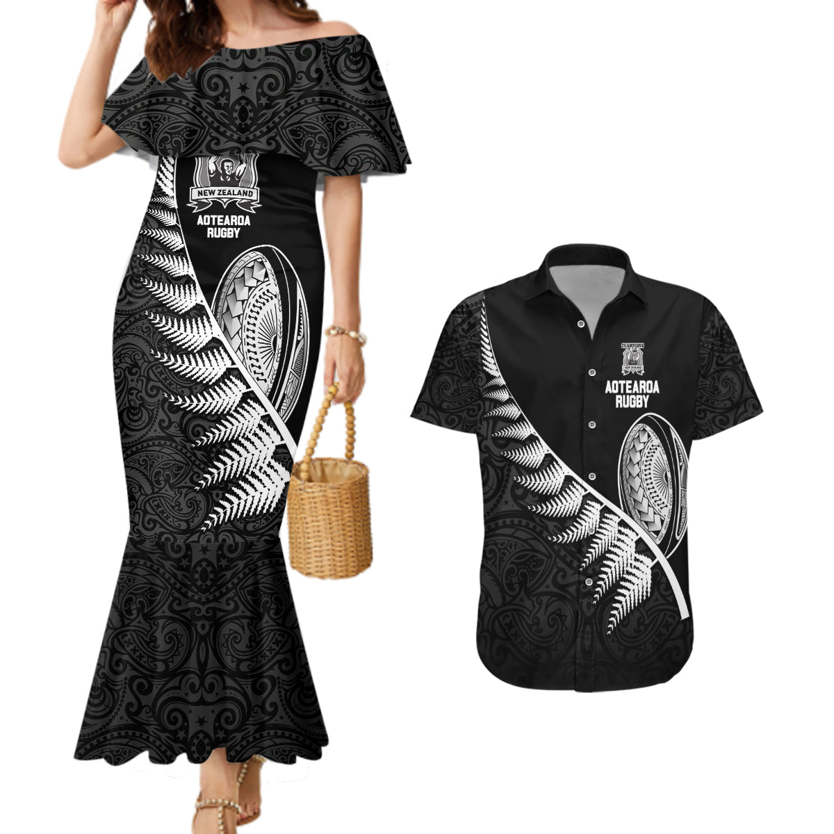 New Zealand World Cup 2023 Couples Matching Mermaid Dress and Hawaiian Shirt Aotearoa Champion Rugby with Silver Fern Maori Ethnic Pattern LT03 Black - Polynesian Pride