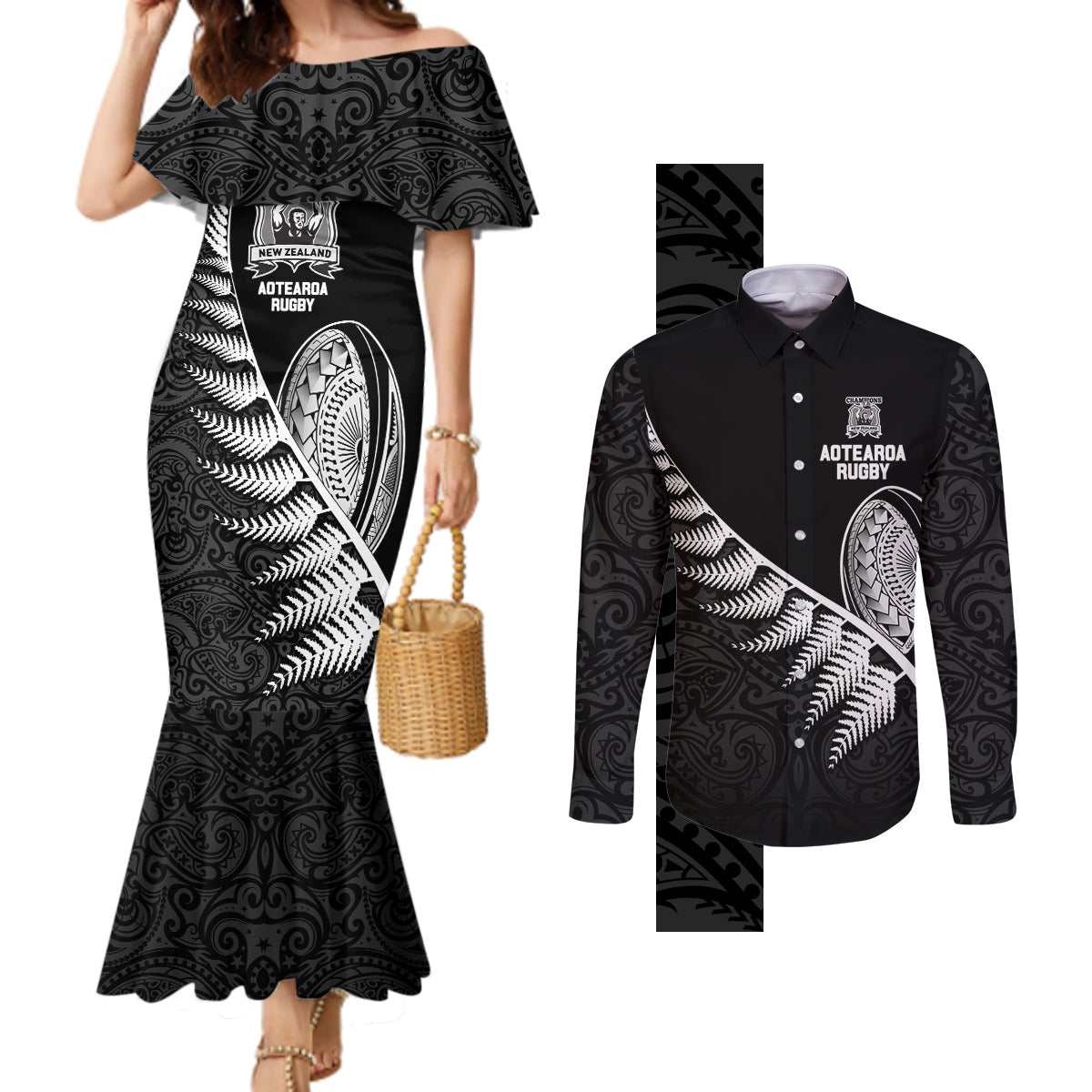 New Zealand World Cup 2023 Couples Matching Mermaid Dress and Long Sleeve Button Shirt Aotearoa Champion Rugby with Silver Fern Maori Ethnic Pattern LT03 Black - Polynesian Pride