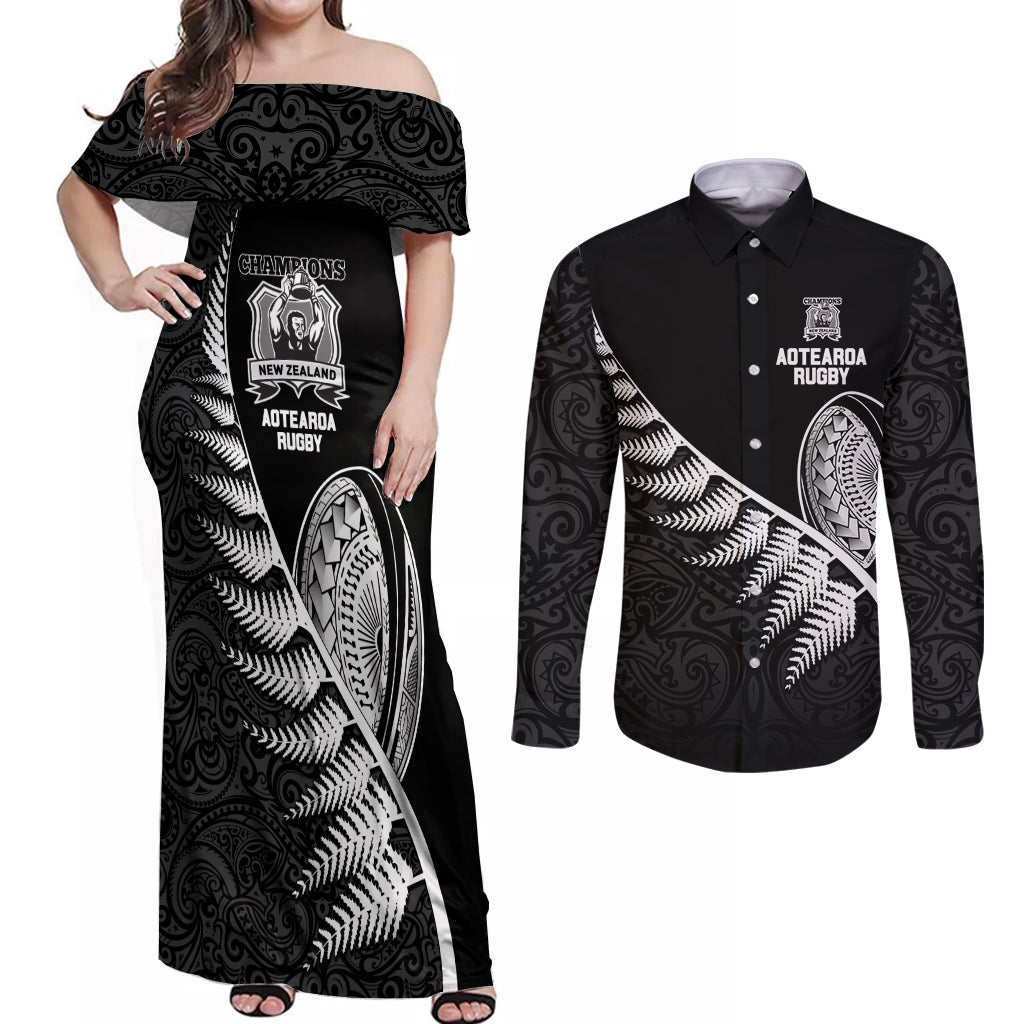 New Zealand World Cup 2023 Couples Matching Off Shoulder Maxi Dress and Long Sleeve Button Shirt Aotearoa Champion Rugby with Silver Fern Maori Ethnic Pattern LT03 Black - Polynesian Pride